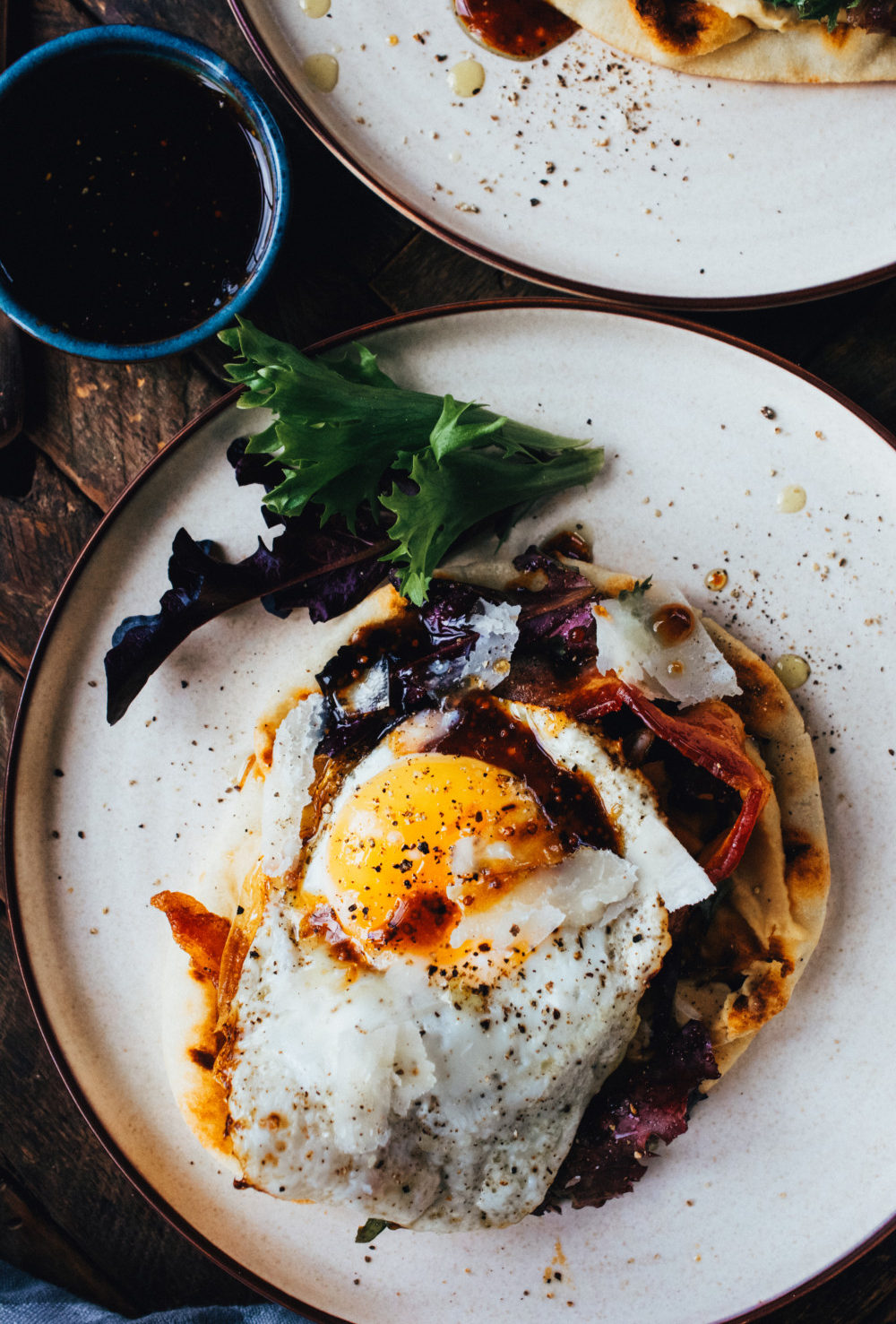 Fried Egg Flatbread with Greens, Bacon and Parmesan