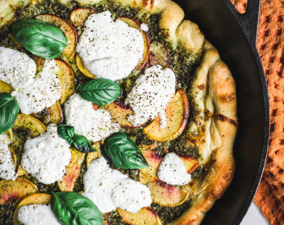 Cast-Iron Pizza with Burrata, Peaches & Basil Pesto