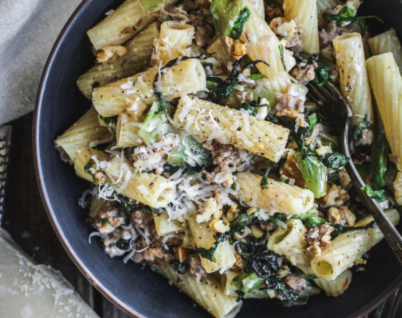 Rigatoni with Italian Sausage, Greens, Gorgonzola & Walnuts