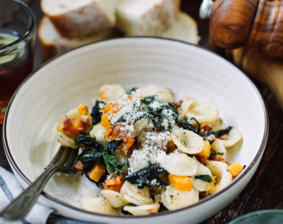 Autumn Pasta with Dandelion Greens, Pancetta & Butternut Squash